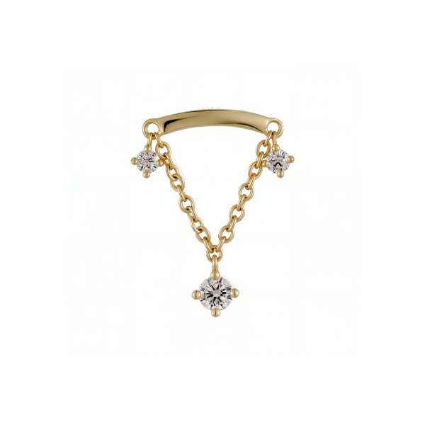 18Kt Solid Yellow Gold Curved Bar with Three Prongs Chain Dangle Threadless Top