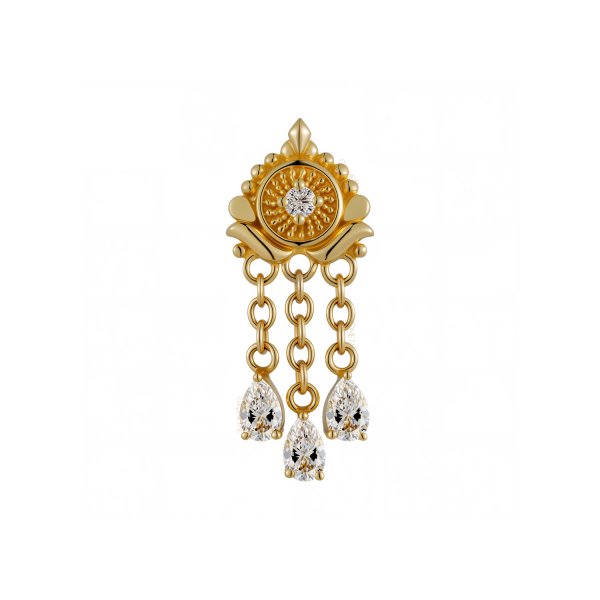 18Kt Solid Yellow Gold Gemmed Rococo Flower with Teardrop Dangle Threadless Top