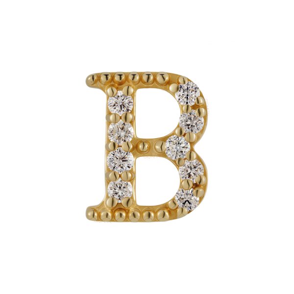 18Kt Solid Yellow Gold Gemmed Letter B Threadless Top