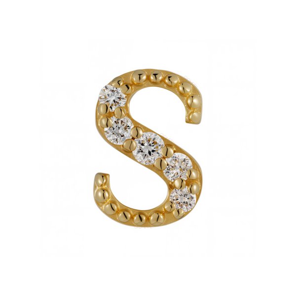 18Kt Solid Yellow Gold Gemmed Letter S Threadless Top