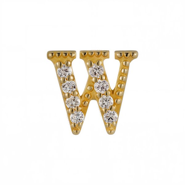 18Kt Solid Yellow Gold Gemmed Letter W Threadless Top