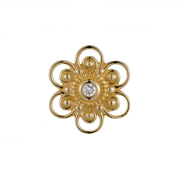 18Kt Solid Yellow Gold Floral Scroll with Gemmed Cetner Threadless Top