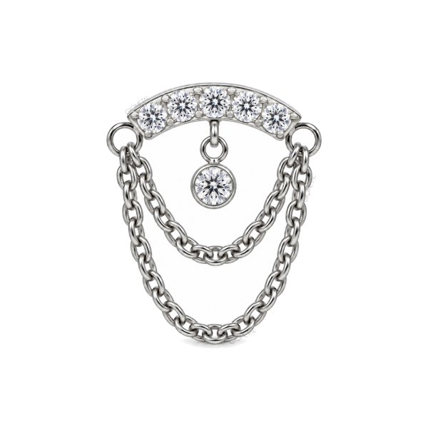 Titanium Threadless Gemmed Curved Bar with Dangle Double Chain End